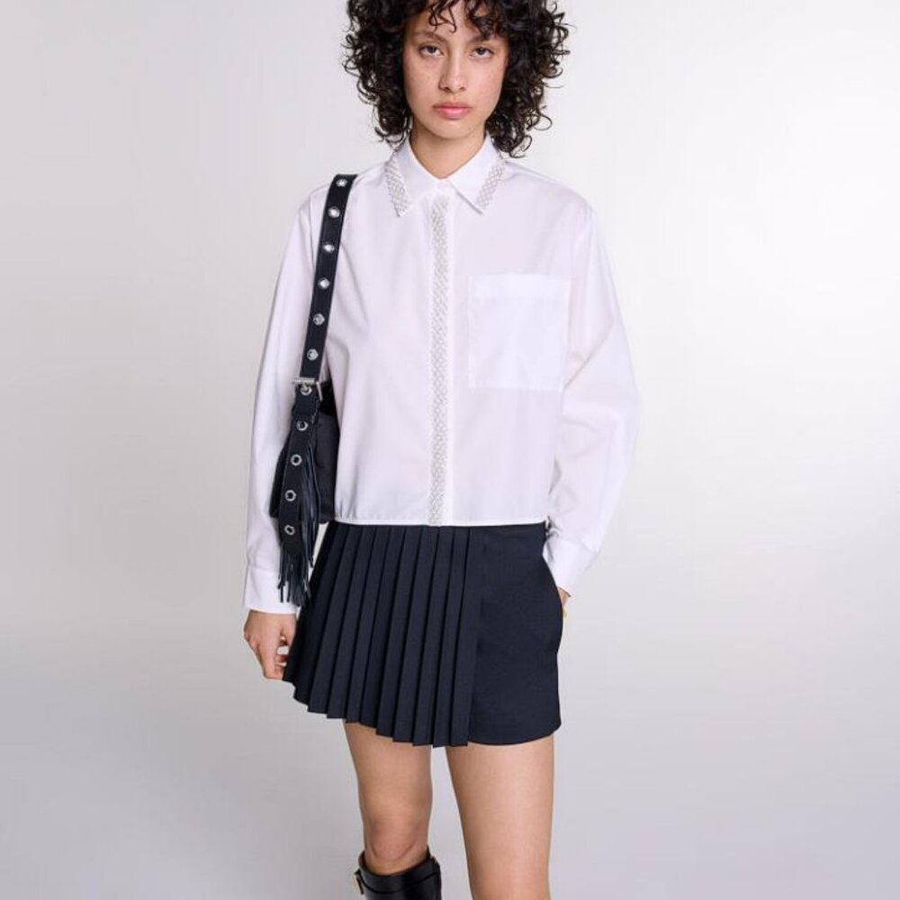 MAJE Women's Beaded Cropped Shirt Size 0 In White